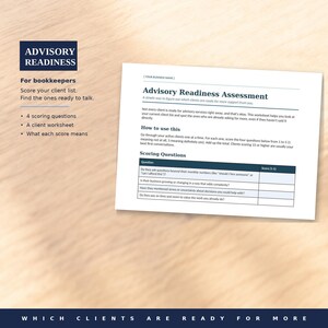 May include: A white paper worksheet titled Advisory Readiness Assessment for bookkeepers. It includes instructions, four scoring questions with a table for inputting scores from 1 to 5, and a section for business names. The text is dark blue.