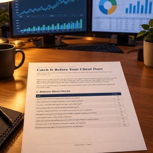 May include: A printed document titled Catch It Before Your Client Does, featuring a checklist for balance sheet checks with rows for tasks and checkboxes. The paper rests on a wooden desk near a black mug, a notebook, and two computer monitors.