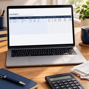 Pode incluir: Um portátil prateado exibindo uma planilha de Registro de Ativos na tela. A tela mostra colunas para ID do ativo, descrição, categoria, data de compra, custo, valor residual, vida útil e depreciação. Uma calculadora preta está por perto.