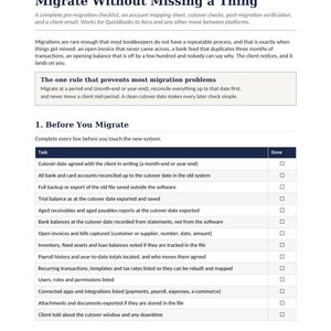 Pode incluir: Uma lista de verificação impressa para migração de software de contabilidade intitulada Migrate Without Missing a Thing. O documento inclui uma seção intitulada 1. Before You Migrate com uma tabela listando tarefas como data de corte.