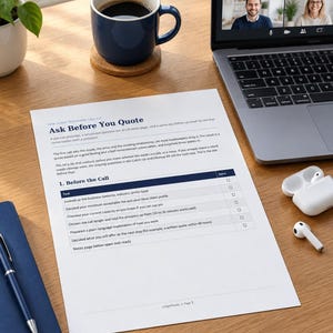 May include: A printed document titled Ask Before You Quote with a checklist for client discovery calls, placed on a wooden desk next to a laptop showing a video conference, a dark blue coffee mug, a blue notebook with a pen, and white wireless earbuds.
