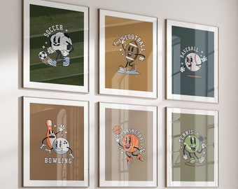Peut inclure: Six illustrations encadrées de différents sports, chacune mettant en scène un personnage de dessin animé représentant le sport. Les sports sont le football, le football américain, le baseball, le bowling, le basketball et le tennis.