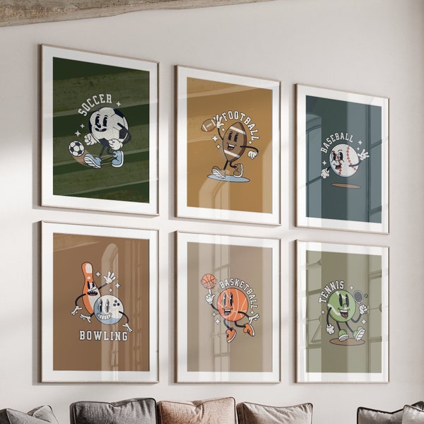 Retro Sport Mascotas Vivero Impresiones Set 6 Decoración de la pared de la habitación de los niños, Cartel deportivo de la habitación del niño, Fútbol Fútbol Béisbol Baloncesto Bolos Tenis
