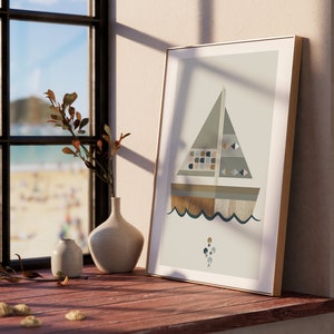 Lámina de pared con diseño náutico de barco escandinavo para habitación de niños. Descarga instantánea. Dormitorio infantil en colores neutros. Lámina de yate para habitación de niños para una decoración bohemia colorida.