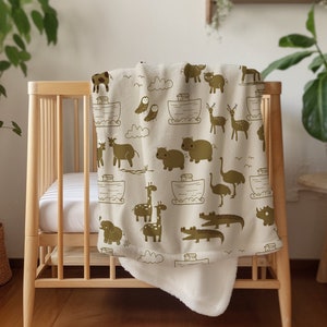 Noahs Ark Nursery Decor Minky Baptism Gift Blanket, Cute Christian Toddlers Room Cot Cozy Baby Rug, Noah&#39;s Animals Two By Two Bible Story