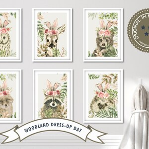 Woodland nursery animal wall art, digital download. Dress up day for 6 hand drawn prints of woodland nursery animals. Nursery forest animals