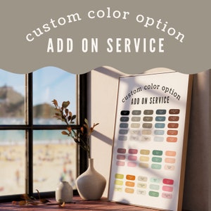 May include: A white poster with the text "custom color option ADD ON SERVICE" at the top. The poster features a color chart with 64 different color swatches.