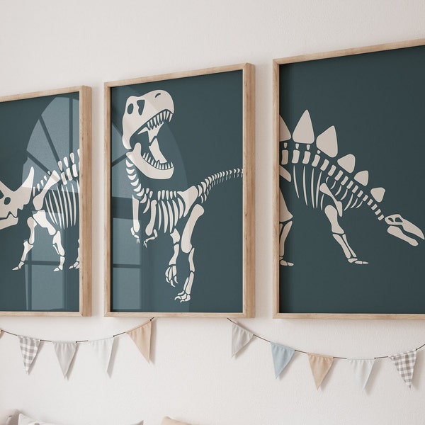 恐竜の骨格保育園プリントセット 3 幼児男の子部屋の壁飾り、T-Rex ポスタープリント 5 歳未満ギフト、ティラノサウルス トリケラトプス ステゴサウルス