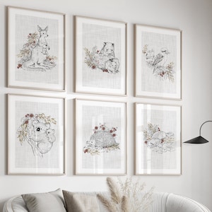 Cute Australian Animal Nursery Wall Decor Art Prints. Instant Download, Set 6 Six Australian Native Animals, Australian Wildflower Art Print