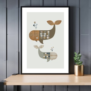 Scandi Whale Nautical Nursery Wall Décor Print, Toddlers Room Boho Fish Poster Art For Gender Neutral Color, Children&#39;s Beach House Bedroom