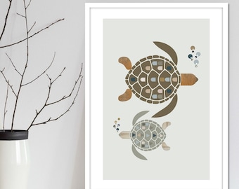 Nautical Scandi nursery turtle wall art print. Multi coloured turtle you can mix with boats from our modern boho childrens ocean room decor