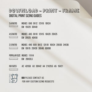 May include: A digital print sizing guide with different aspect ratios and sizes in inches and centimeters. The guide includes popular sizes, ISO sizes, and a note to contact for custom sizing requests.
