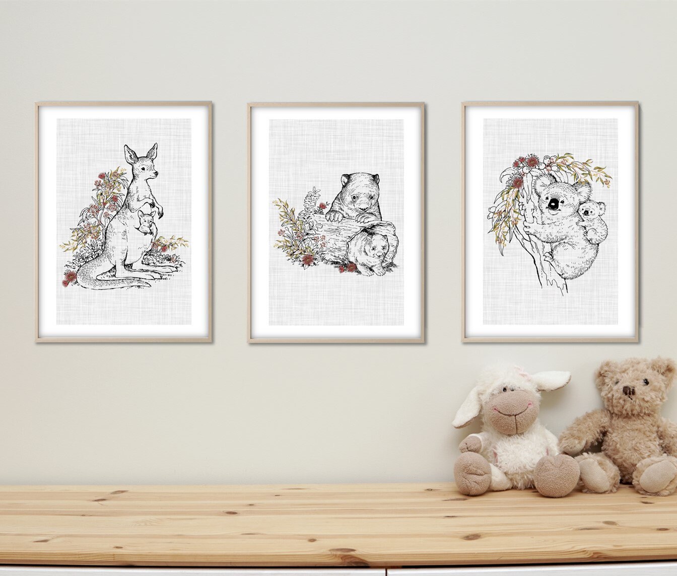 Australian Animal Nursery Art Wall Print. Hand Drawn Kangaroo With Joey ...