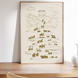 May include: A beige printable art print with a gold outline of a boat on top of a mountain with animals walking down the mountain in a line. The animals include giraffes, elephants, hippos, zebras, camels, and more.