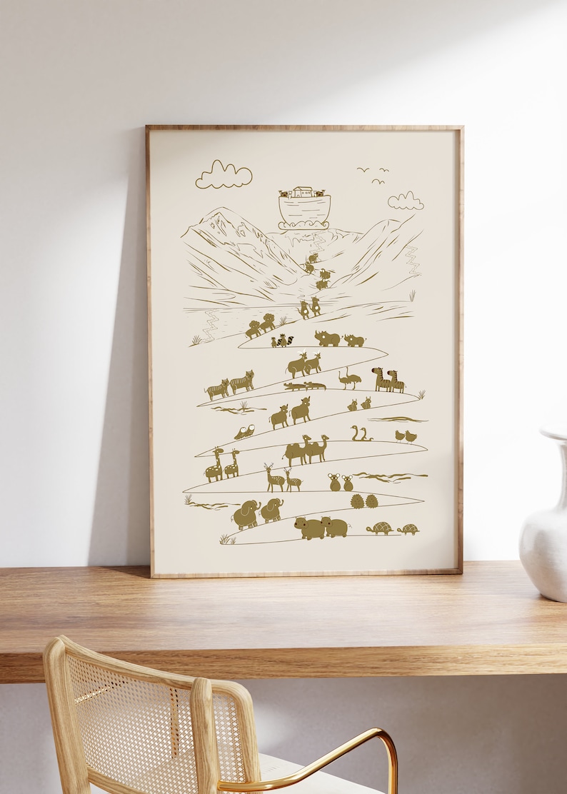 May include: A beige printable art print with a gold outline of a boat on top of a mountain with animals walking down the mountain in a line. The animals include giraffes, elephants, hippos, zebras, camels, and more.