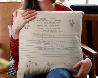 Personalized Library Card Pillows Winnie The Pooh Librarian Gift, Bookish Reader Teacher Book Lover, Pooh Bear Vintage Library Card Bookworm