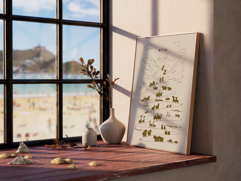 May include: A framed illustration of a white ark with animals walking up a mountain path. The illustration is in gold and is on a white background. The frame is a light wood color. The illustration is on a wooden shelf with a vase and a small vase with dried branches.