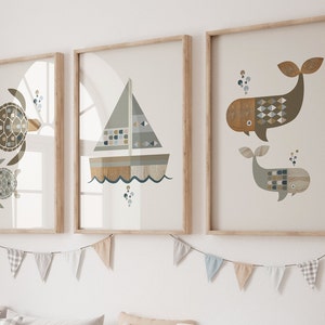 Boho Kinderzimmer Nautische Strand Drucke 3er Set, Skandinavische Babyzimmer Poster, Kinderzimmer Wand Kunst Dekor, Neutral Blues Kleinkind Poster Unter 5 Jahre Geschenk