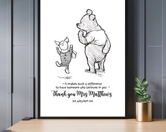 Winnie-the-Pooh Gift Personalised Teacher Thank You , Wall Décor Print Special Teachers Gift Classic Winnie The Pooh, Custom Pooh Bear Quote