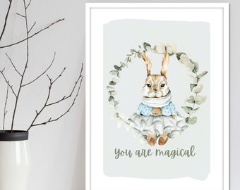 Nursery bunny girl art print. Baby quote "you are magical"  nursery wall decor for baby. Watercolor forest animal and woodland bunny print.