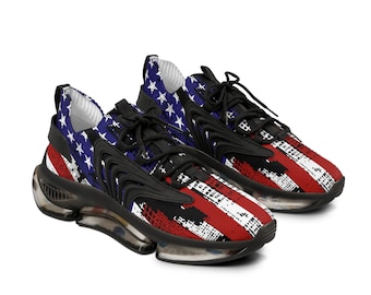 Scarpe da ginnastica in rete da uomo con stampa bandiera USA, scarpe patriottiche di moda da strada, scarpe da ginnastica con bandiera americana, scarpe da ginnastica patriottiche, scarpe stampate per il tuo stile