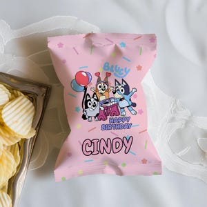 Bluey Pink Chip Bag Label, Bluey Party Favors, Pink Dog Birthday Party, Bluey Party Treats Printable labels, Personalized Bluey Chip Bags