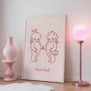 Double Trouble Kewpie Print, Pink Kewpie Print, Angel and Devil Kewpie, Retro Wall Art, Vintage Wall Art, Kewpie Wall Art, Kewpie Wall Print