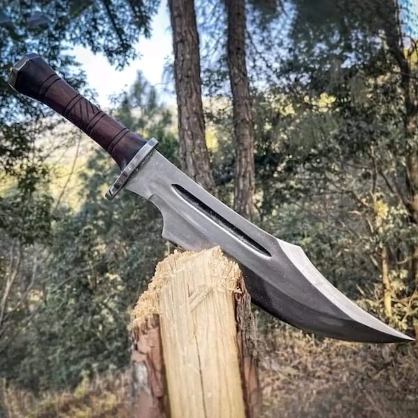 Large bowie knife handmade d2 steel hunting bowie wood handle viking outdoor hunting with leather sheath perfect hunting lover