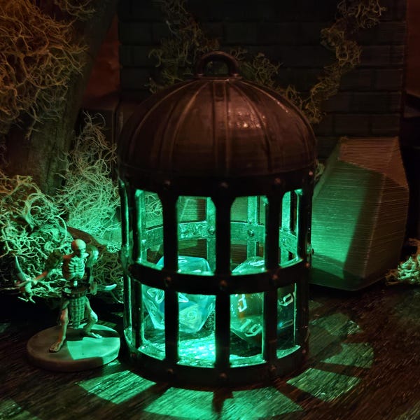Magnetic LED Dice Jail - Cage, 3D Print, DnD, D&D, TTG, RPG, Dungeon Cage, Glow, Prison, Bronze, Rust, Iron, Hanging, Painted v2