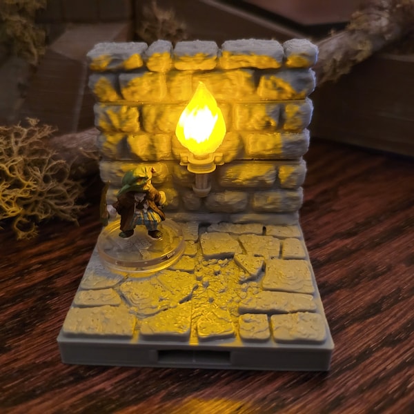 Magnetic Dungeon Tiles Flickering Torch Wall - Magnet or Clip together - 3D Print, DnD, D&D, TTG, RPG, Dungeon Terrain, Add-on Tiles, LED