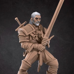 Puede incluir: Figura detallada de un guerrero con cabello blanco y barba, sosteniendo una gran espada. La figura está vestida con armadura y se encuentra sobre una pequeña plataforma. El logo "Bite the Bullet" es visible en la parte inferior.