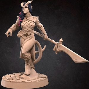 Female Tiefling Fighter Mini - 3D Print - 6k Resin - D&D, DND, RPG, TTG, Long Sword, Swordstaff