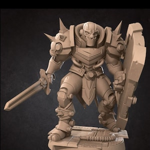 May include: A gray, detailed miniature figurine of a warrior wearing armor and holding a sword and shield. The figurine is standing on a circular base.