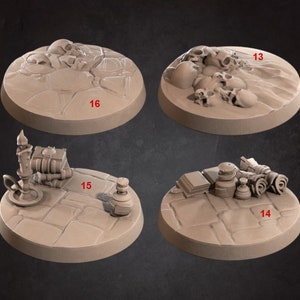 Detailed Mini Bases - 24 Styles: Sand, Stone, Wood, w/Items - 25mm, 32mm, 40mm, 50mm, 100mm - 3D Print - 6k - D&D, DND, TTG, RPG, Miniature