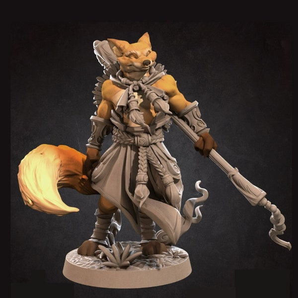 Foxfolk Monk Mini- 3D Print - 6k Resin, DnD, D&D, TTG, RPG, Staff or Katana