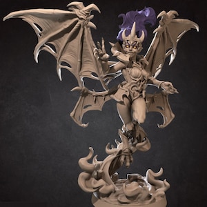 May include: A detailed miniature figurine of a female demon with purple hair, large wings, and a fiery base. The demon is sculpted in a dynamic pose, with one hand raised and the other holding a small object.