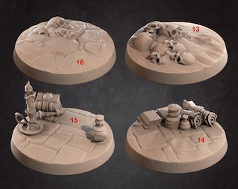 Detailed Mini Bases - 24 Styles: Sand, Stone, Wood, w/Items - 25mm, 32mm, 40mm, 50mm, 100mm - 3D Print - 6k - D&D, DND, TTG, RPG, Miniature