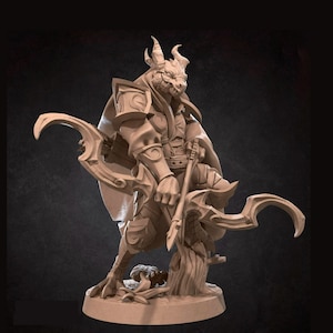 May include: A detailed figurine of a dragon-like humanoid warrior, posed with a curved weapon and a staff. The figure is in a dynamic stance, wearing armor and a cape. The sculpture is a neutral color, with intricate details.