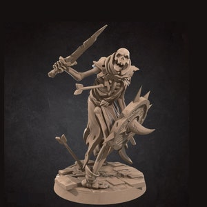 May include: A skeletal figure with a tattered cloak, holding a sword and a spiked shield. The figure is standing on a stone base.
