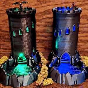 Flickering LED Dice Tower - Removable Dice Tray - Castle - 3D Print, DnD, D&D, RPG, Magnetic, Glow, Modular, Magic Flame, Magic Torch
