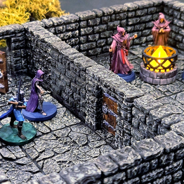 Dungeon Tiles Starter Set SMALL - Magnet or Clip together - 20 Piece Magnetic - Flickering Torch LED, 3D Print, DnD, D&D, Dungeon Terrain