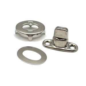May include: A set of three silver-toned metal snap fasteners. The set includes a round base with three prongs, a round washer, and a stud with a square top.