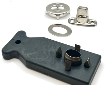 Twist Lock / Common Sense Nickel Plated 8mm Turnbutton Fastener, Eyelet and Washer set with Hand Shark Punch Tool