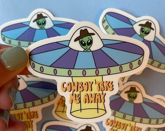 Take Me Home Country Roads Aufkleber – Alien Cowboy & UFO Design, 7,6cm, Vinyl, Wasserdicht, Für Laptop, Flasche, Handy