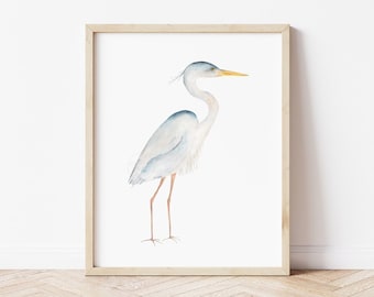 Blue Heron Artwork | Coastal Bird Wall Decor | Hand-painted watercolor print