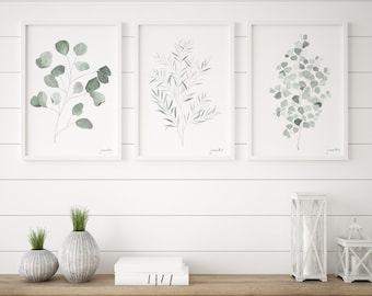 Plant Wall Art, Set of three, Minimalist, Plant Watercolor Print, Green Wall Art, Plant Wall Decor, Home Decor, Bath Decor, Nursery Decor