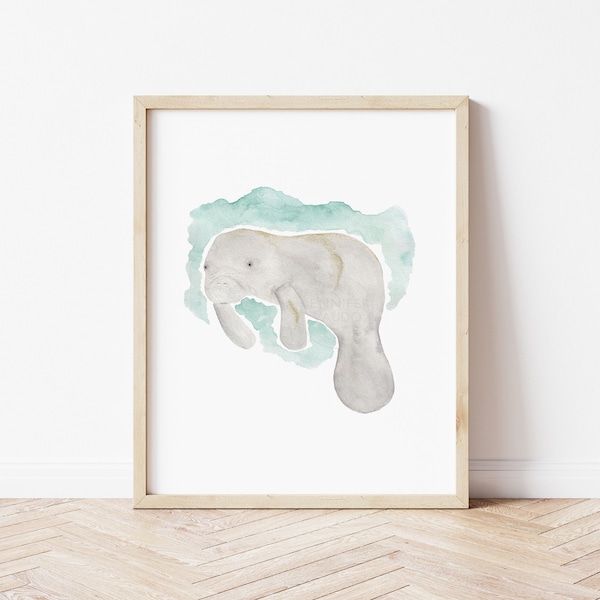 Manatee Art Print, Under the Sea Wall Hanging, Manatee Watercolor Artwork, Coastal Decor, Sea Themed Wall Art, Nautical Decor Ocean Inspired