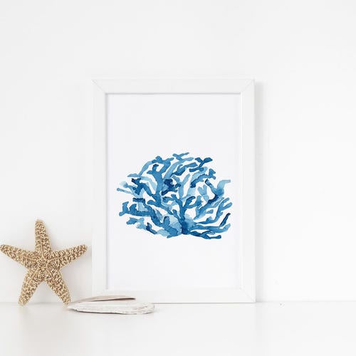 Imprimé corail bleu | Art mural côtier | Inspiré de l'océan | Aquarelle nautique peinte à la main