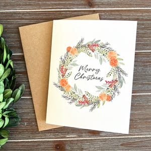Carte de Noël aux agrumes, carte de voeux de vacances tropicales, impression peinte à la main, blanc, oranges, couronne, cannelle, baies, Noël en Floride