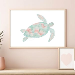 Pastel Sea Turtle Watercolor Print: Coastal Beach House Art